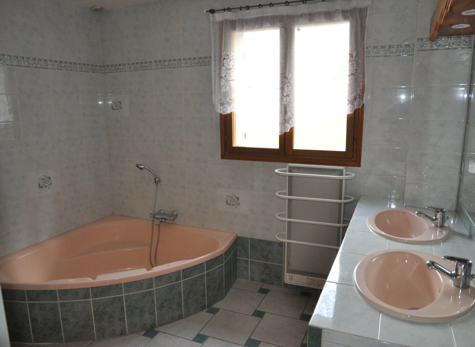 salle de bains avec baignoire  d'angle et douche 