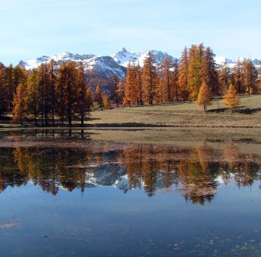 Le lac de Roue l'automne à Arvieux. Au loin le pic de Rochebrune.